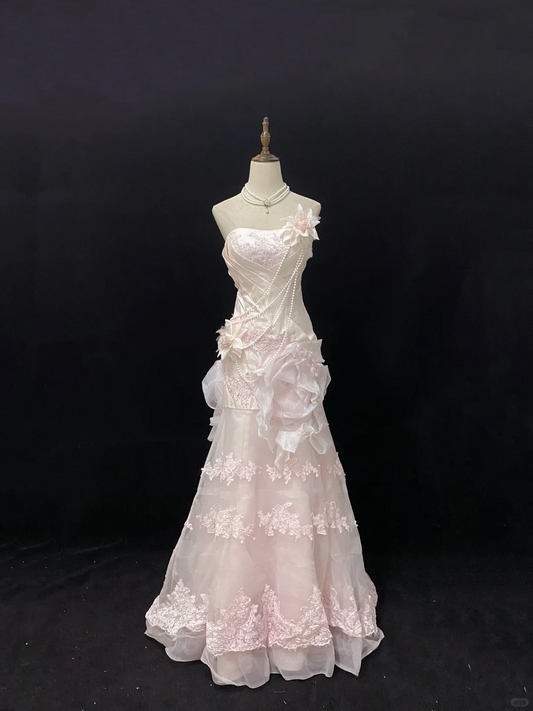 Blush Pink Strapless Long Romantic Gown, Floral Embroidery, Cinched Waist & Slim Bodycon Fit, Wedding Dress & Bridal Gown gh8143