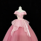 Blush Pink Off-the-Shoulder Soft Cinched Waist Voluminous Skirt Long Romantic Dress, Wedding Gown gh7875