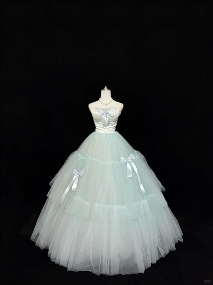 Satin Strapless Light Green Voluminous Skirt Long Romantic Dress, Wedding Gown gh7839