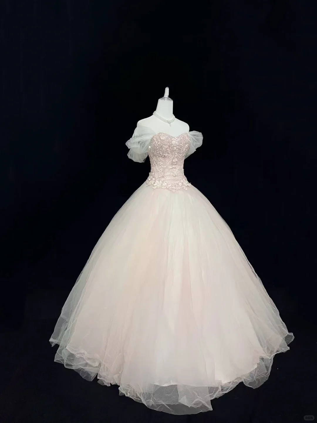 Blush Pink Soft Off-the-Shoulder Cinched Waist Embroidered Voluminous Princess Skirt Romantic Dress, Wedding Gown gh8009