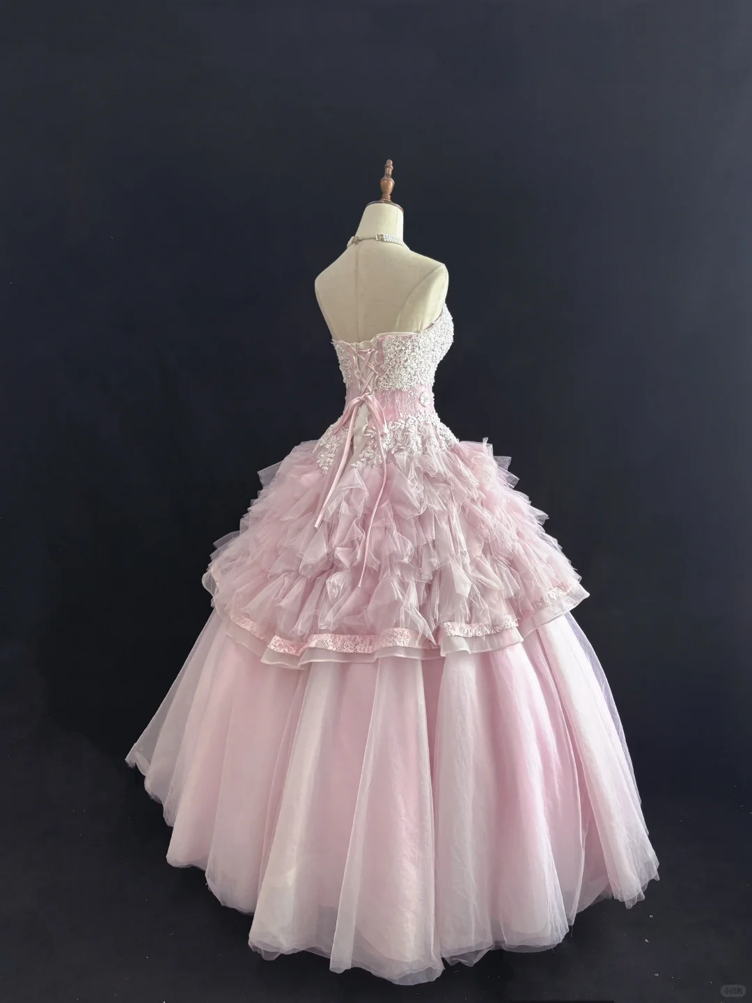 Pink Strapless Romantic Dress With Lace, Cinched Waist, Voluminous Elegant Vintage Skirt, Wedding Gown gh8098