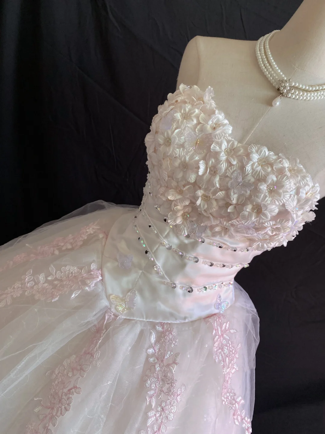 Blush Pink Floral Strapless Romantic Gown, Cinched Waist & Voluminous Princess Skirt, Wedding Dress & Bridal Gown gh8228
