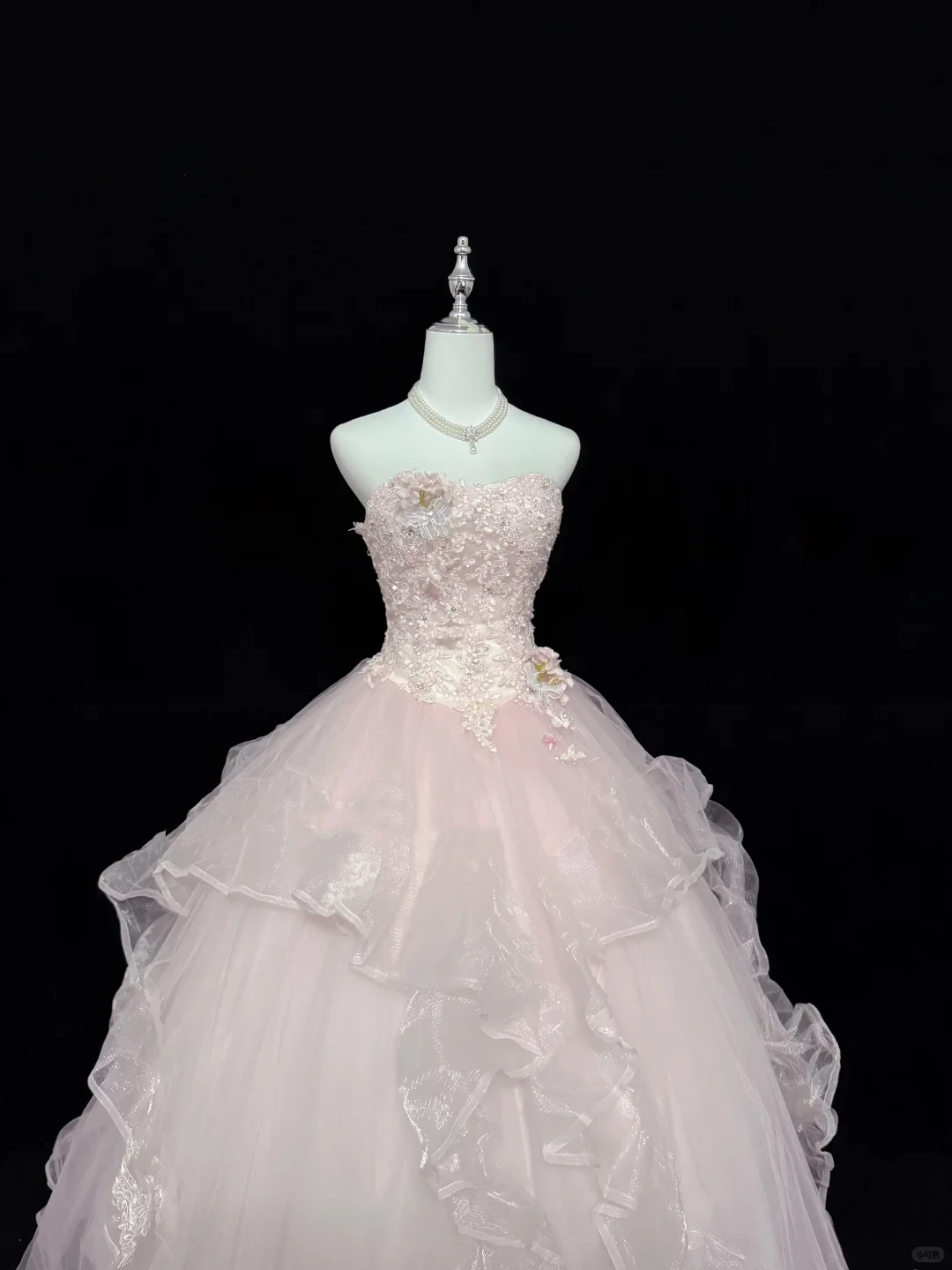 Blush Pink Strapless Gown with 3D Florals, Cinched Waist & Voluminous Princess Skirt, Romantic Wedding Dress gh7923