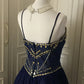 💙Dark blue shiny retro princess short homecoming dress beaded tulle ball gown evening dress gh4393