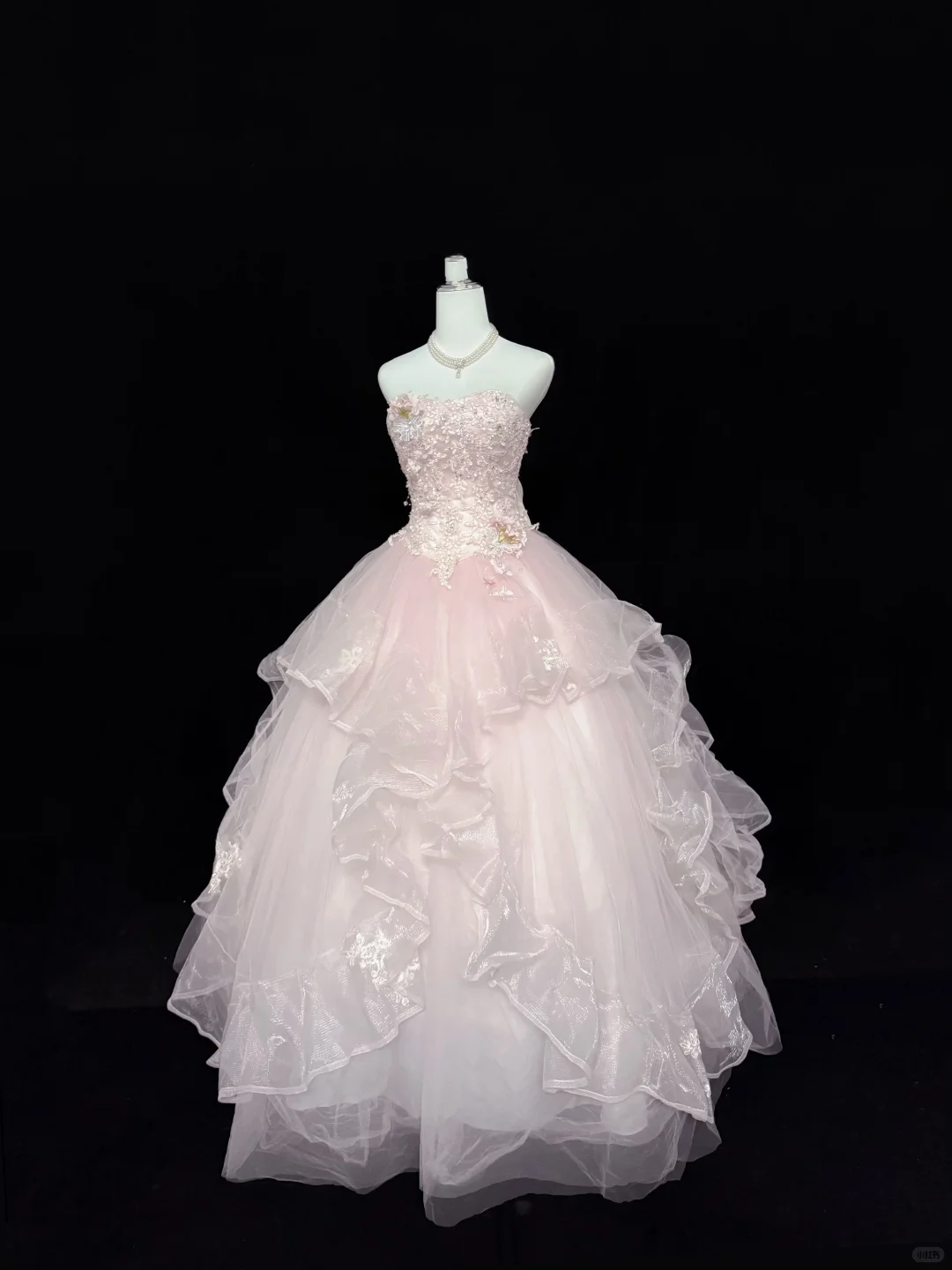 Blush Pink Strapless Gown with 3D Florals, Cinched Waist & Voluminous Princess Skirt, Romantic Wedding Dress gh7923