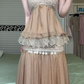 Khaki Halter Neck Vintage Tiered Long Evening Gown, Sequin Mesh Lace Ruffled Boho Formal Prom Dress gh8994