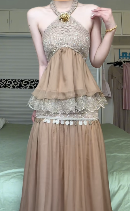 Khaki Halter Neck Vintage Tiered Long Evening Gown, Sequin Mesh Lace Ruffled Boho Formal Prom Dress gh8994