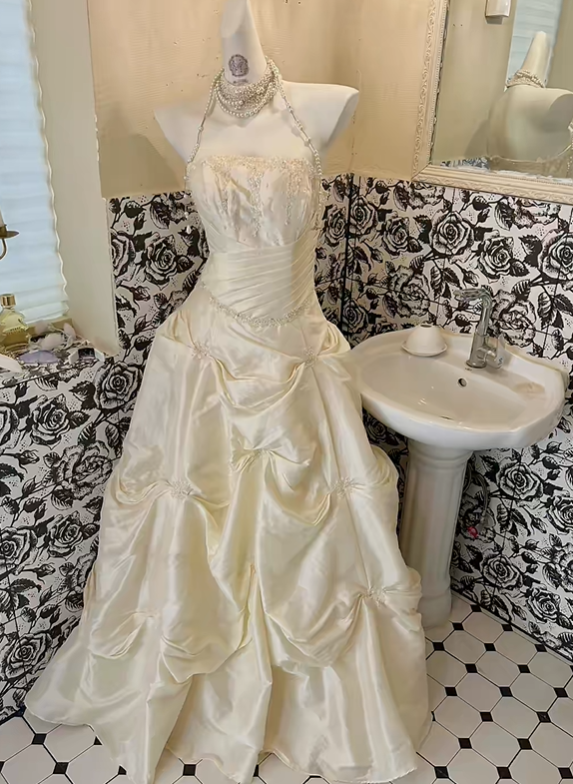 Ivory Strapless Cinched Waist Voluminous Floral Skirt Long Romantic Dress, Wedding Gown gh7818