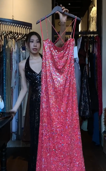 Bright Red Spaghetti Strap Square Neck All Over Sequin Sheath Long Evening Prom Dress gh9778