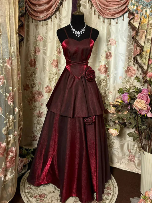 girlhomeshops--Burgundy Shiny Floral Spaghetti Strap Vintage Dress Floor-Length Ball Gown Prom Dress gh5671