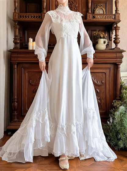 Off‑White Vintage Edwardian High Neck Lace Sheer Puff Long Sleeve High Waist Multi‑Layer Ruffle Lace Hem Long Train Prom Gown, Wedding Dress gh8622