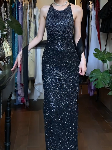 Black Vintage Prom Dress Halter Full Sequin Beaded Bodycon Side Slit With Fringe Shawl Long Evening Gown gh9610