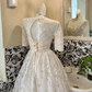 Ivory Mid-Long Sleeve Lace Waist-Cinched Full Flared Skirt Elegant Romantic Dress, Wedding Gown gh7630