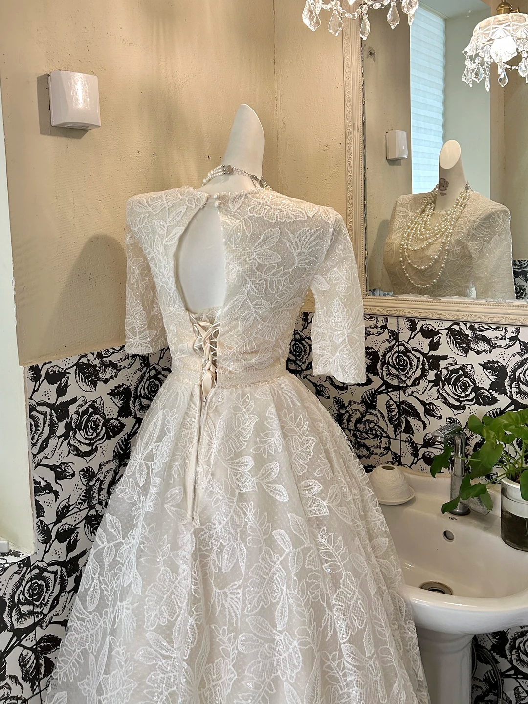 Ivory Mid-Long Sleeve Lace Waist-Cinched Full Flared Skirt Elegant Romantic Dress, Wedding Gown gh7630