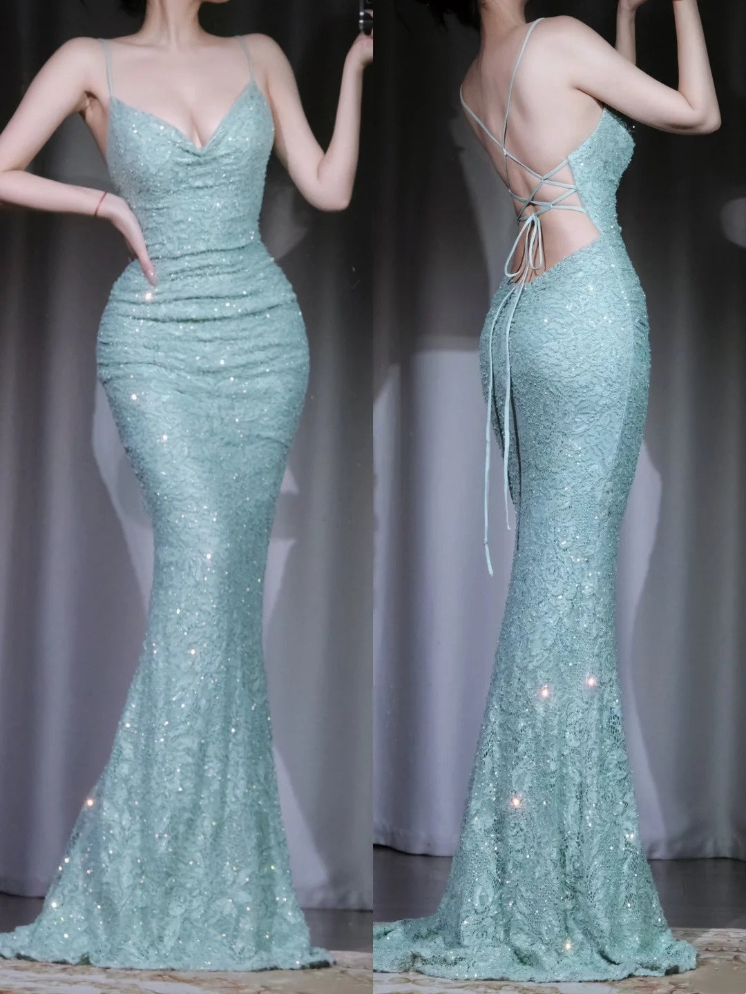 girlhomeshops-Green shiny elegant long sequined evening dress prom dress party dress gh5913