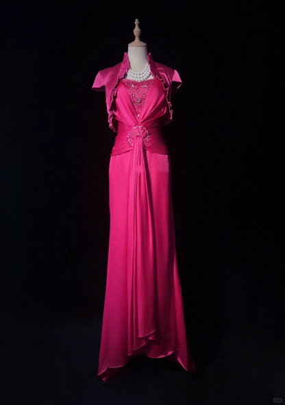 Fuchsia Satin Prom Dress V Neck Ruched Bodice Rhinestone Waist Long Sash Formal Gown with Ruffle Shrug gh9557