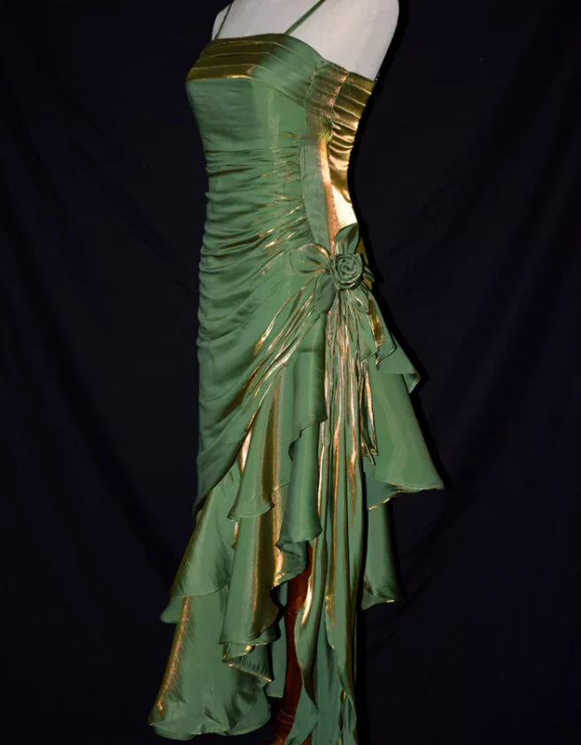 Blue shiny stylish elegant spaghetti straps long satin ball gown evening dress party dress gh3489