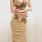 Women Camel Vintage Midi Bodycon Cocktail Dress Spaghetti Straps Sweetheart Neck Lace Applique Floral Embroidery Beaded Satin Evening Gown gh9581