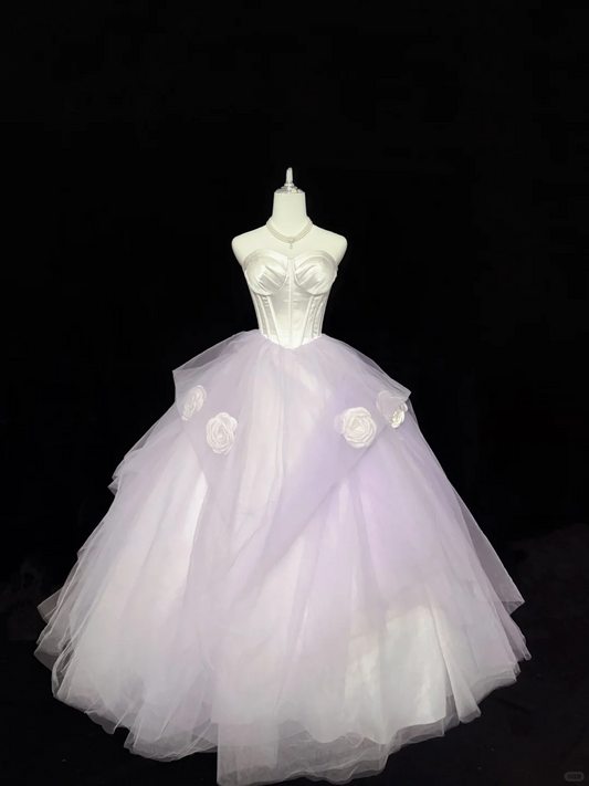 White Satin Strapless Cinched Waist Lavender Voluminous Skirt Long Romantic Dress, Wedding Gown gh7924