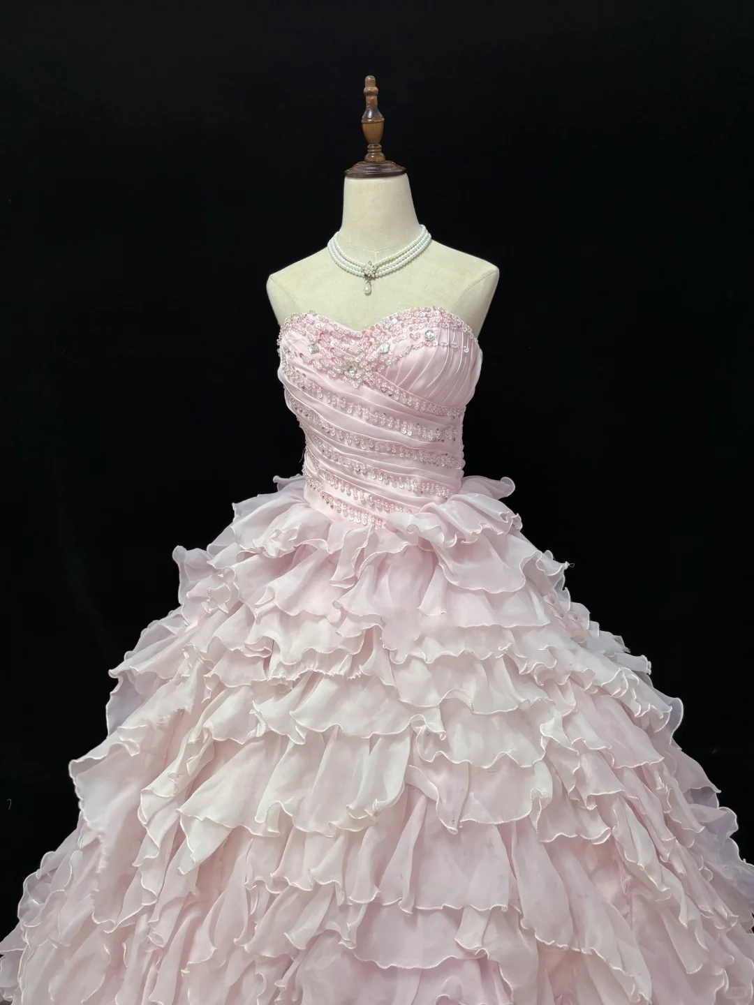 Blush Pink Strapless Romantic Gown Embellished with Rhinestones, Cinched Waist, Fluffy Tiered Skirt, Wedding Dress & Bridal Gown gh8184