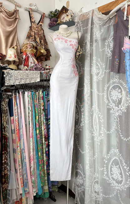 White One-Shoulder Fitted Waist Slim Beaded Elegant Long Prom Dress, Evening Gown gh7201
