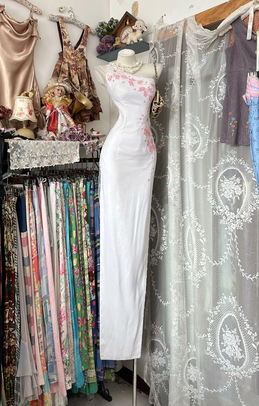 White One-Shoulder Fitted Waist Slim Beaded Elegant Long Prom Dress, Evening Gown gh7201