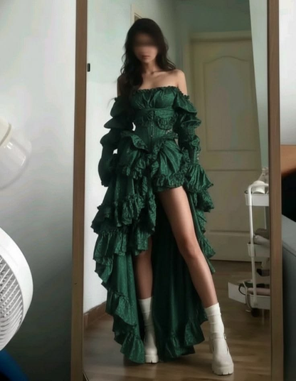 Dark Green Off Shoulder Waist-Cinched Slit Sexy Prom Dress, Evening Gown gh7302