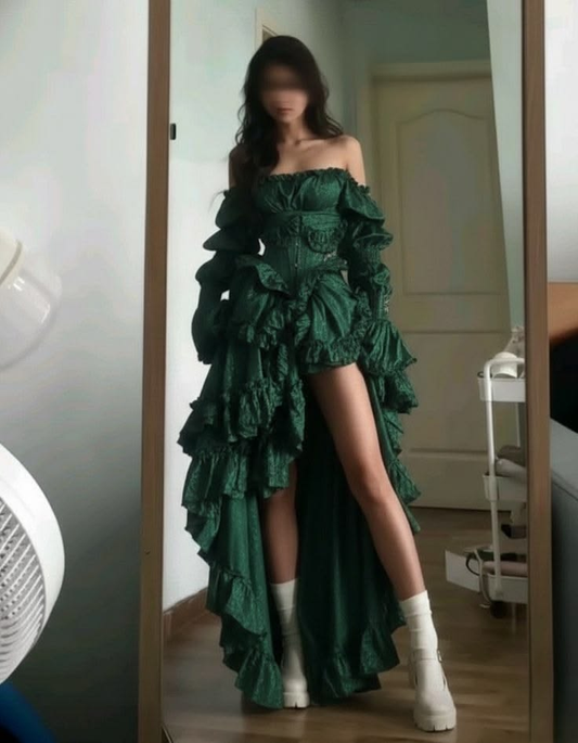 Dark Green Off Shoulder Waist-Cinched Slit Sexy Prom Dress, Evening Gown gh7302