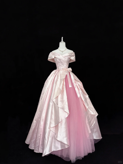 Blush Pink Satin Cinched Waist Elegant Luxury Voluminous Skirt Long Romantic Dress, Wedding Gown gh7876