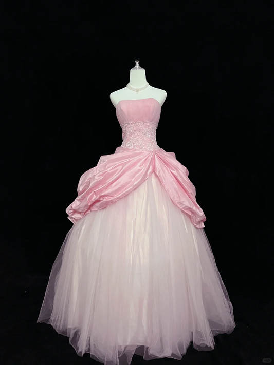 Blush Pink Strapless Cinched Waist Voluminous Princess Skirt Vintage Luxury Romantic Dress, Wedding Gown gh8060