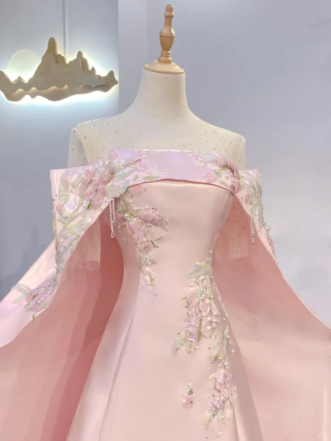 Light Pink Satin Waist-Cinched Fitted Elegant Long Evening Dress, Fairy Gown, Romantic Gown gh7392
