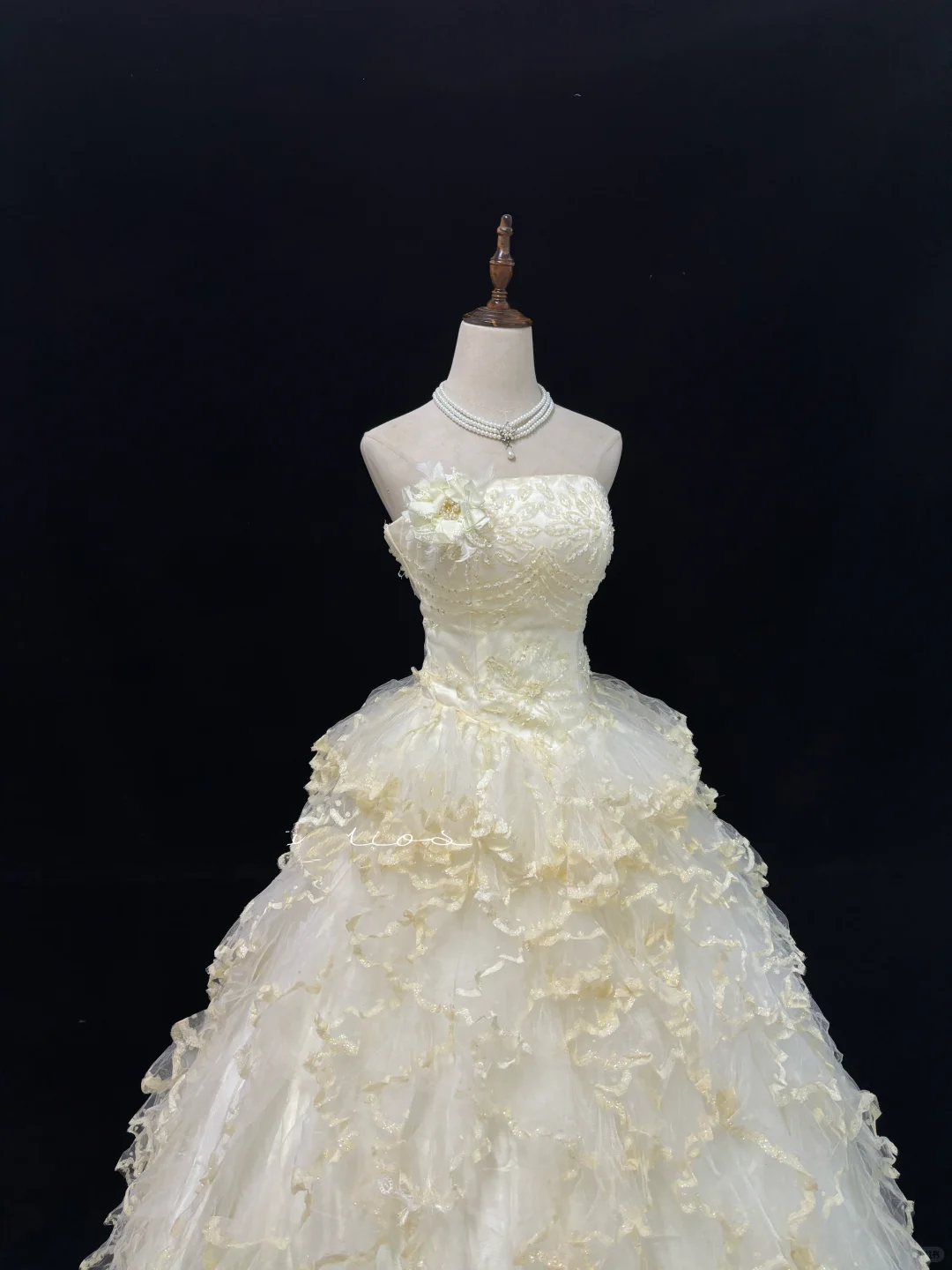 Light Yellow Strapless Beaded Cinched Waist Voluminous Tiered Skirt Long Romantic Dress, Wedding Gown gh7964