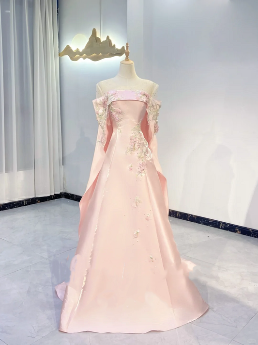 Light Pink Satin Waist-Cinched Fitted Elegant Long Evening Dress, Fairy Gown, Romantic Gown gh7392