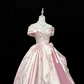 Blush Pink Satin Cinched Waist Elegant Luxury Voluminous Skirt Long Romantic Dress, Wedding Gown gh7876