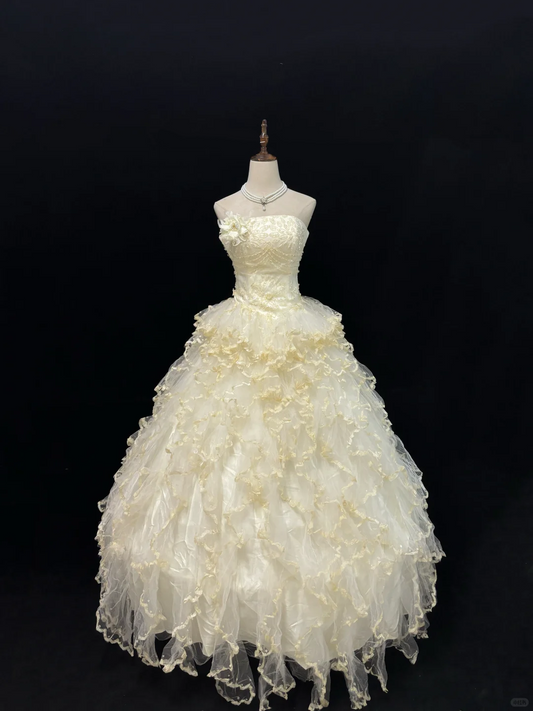 Light Yellow Strapless Beaded Cinched Waist Voluminous Tiered Skirt Long Romantic Dress, Wedding Gown gh7964
