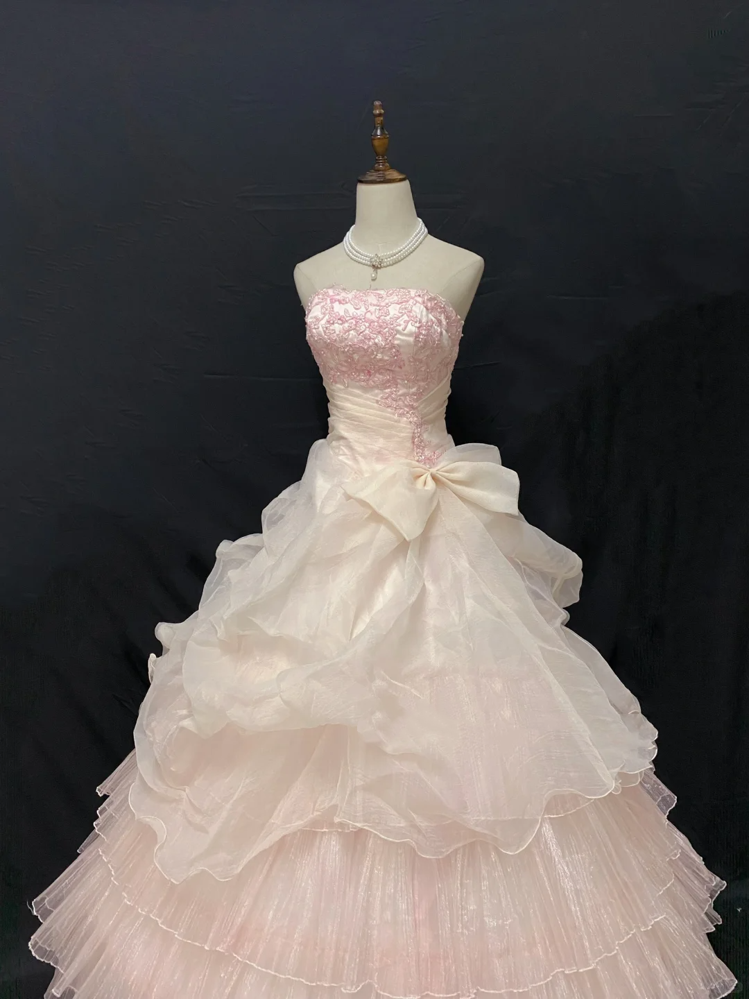 Blush pink strapless embroidered romantic gown with cinched waist and voluminous princess skirt, wedding dress & bridal gown gh8229