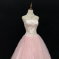 Blush Pink Strapless Gown With Beading, Cinched Waist, Voluminous Skirt, Elegant Romantic Dress, Wedding Gown gh8099