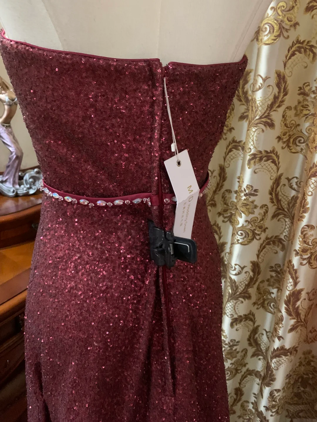 Dark Red Sequin Strapless Fitted Waist Long Prom Gown, Evening Party Dress gh7275