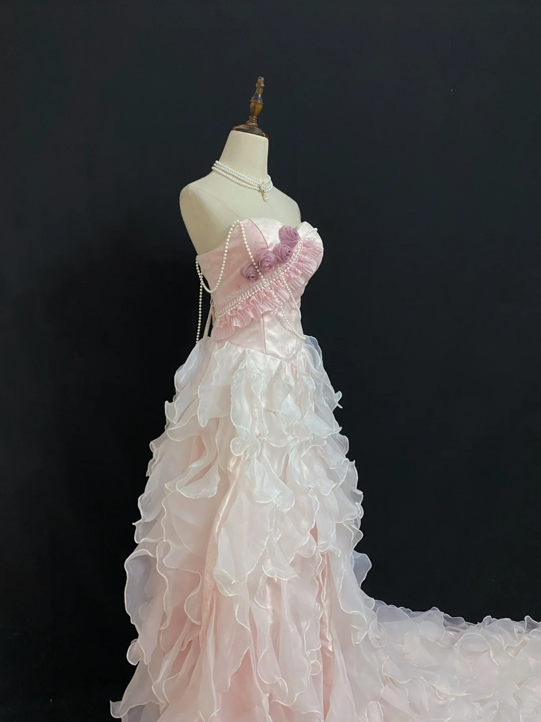 Blush Pink Strapless Romantic Sexy Gown With Floral Appliqués, Fitted Waist & Long Slit Skirt, Wedding Dress & Bridal Gown gh8275