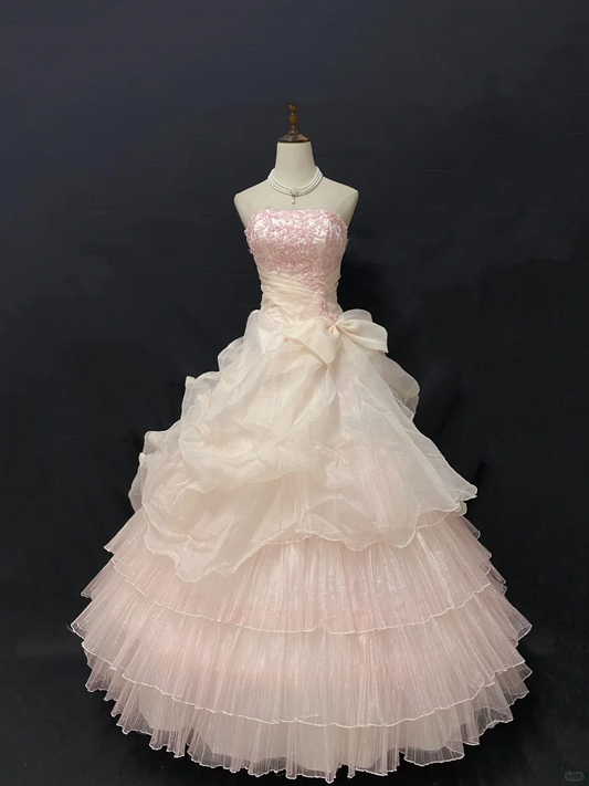 Blush pink strapless embroidered romantic gown with cinched waist and voluminous princess skirt, wedding dress & bridal gown gh8229
