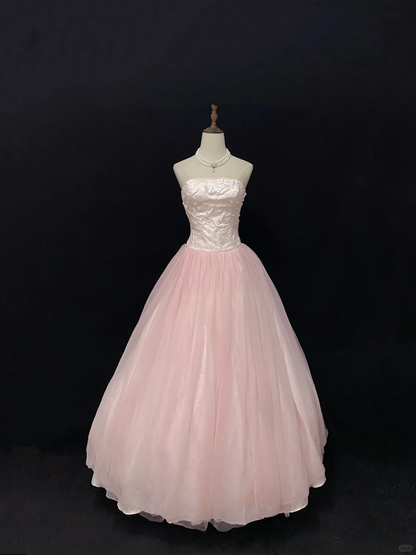 Blush Pink Strapless Gown With Beading, Cinched Waist, Voluminous Skirt, Elegant Romantic Dress, Wedding Gown gh8099