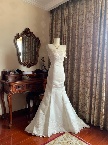 White Strapless Waist-Cinched Slim Mermaid Elegant Prom Dress, Graduation Gown, Wedding Dress gh7245