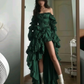 Dark Green Off Shoulder Waist-Cinched Slit Sexy Prom Dress, Evening Gown gh7302
