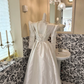 White Satin Midi Length Sleeved Waist-Cinched Luxury Elegant Romantic Dress, Wedding Gown gh7732