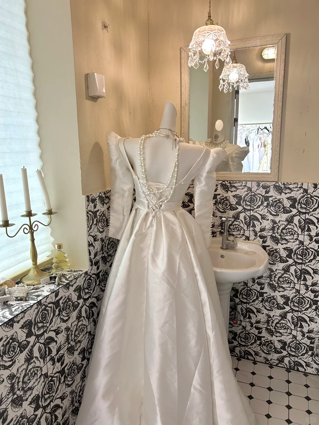 White Satin Midi Length Sleeved Waist-Cinched Luxury Elegant Romantic Dress, Wedding Gown gh7732
