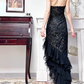 Black‑Gold Vintage Halter V‑Neck Prom Gown, Gold‑Thread Embroidered Lace Bodice, Fitted Bodycon Silhouette, One‑Side High Slit, Tiered Ruffled Asymmetrical Mermaid Skirt, Evening Prom Dress gh8810