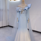 Light Blue Gradient Asymmetric Neckline Waist-Cinched Fitted Long Evening Dress, Fairy Gown, Romantic Gown gh7379
