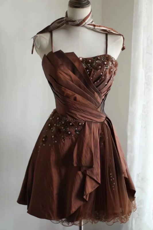 Brown Slim Waist Retro Sexy Halter Dress, Evening Party Gown gh7130