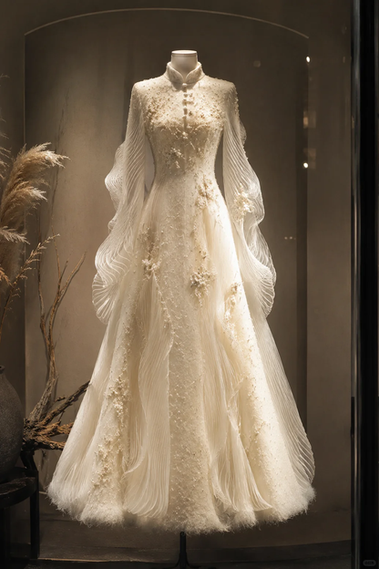 ✨Girlhomeshops-New Chinese Beaded Wedding Gown, Wavy Tulle Flutter Sleeve A-Line Bridal Dress gh10346