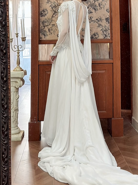 Ivory Vintage Wedding Gown, Illusion High Neck With V‑Cut Out, Beaded Lace Appliqué Sheer Long Sleeves, Fitted Waist Flowy Chiffon Skirt, Long Train, Bridal Prom Dress gh8724